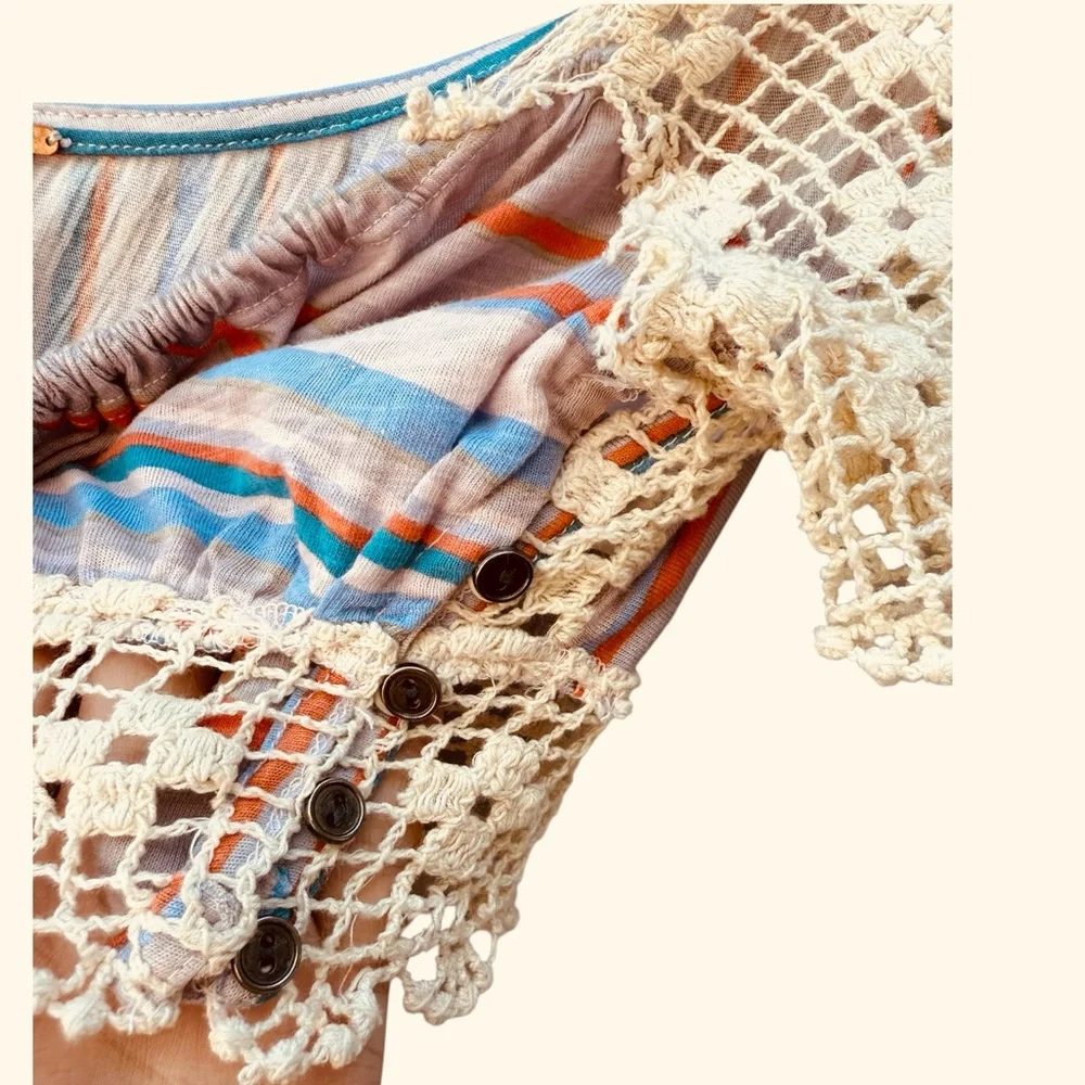 Free People Women’s S Aruba Crochet Striped Bohemian Hippie Festival Crop Top - Picture 8 of 12